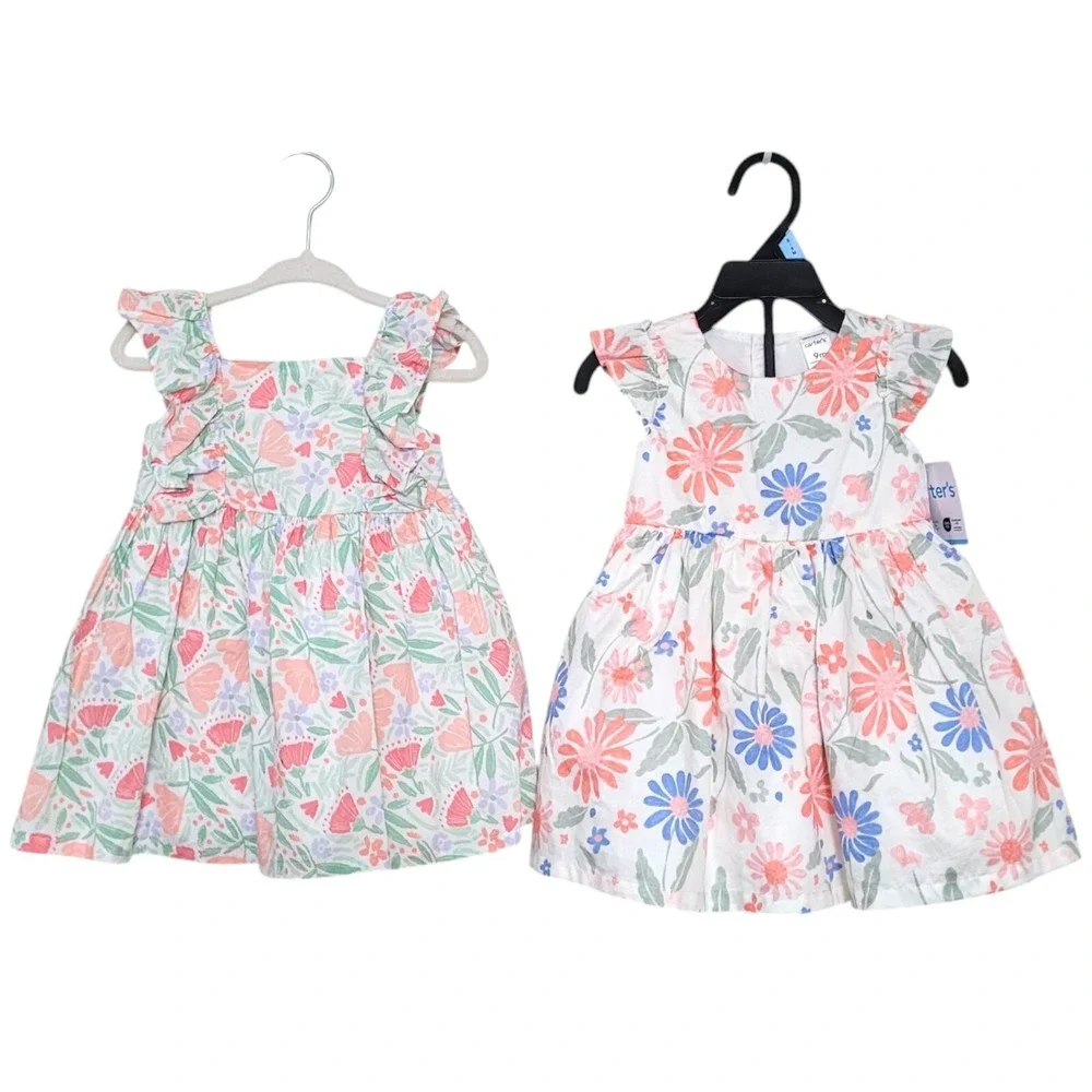 Lot of 2 Carter's Baby Girl Dresses 9 Month Layered Floral Ruffle Sleeves Lined